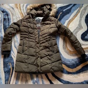 Superdry Women's Khaki Puffer Coat with Faux Fur Hood